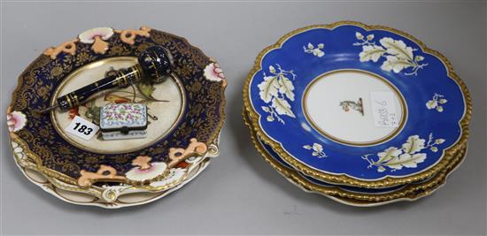 A group of seven 19th century English porcelain plates, a cane handle and a box